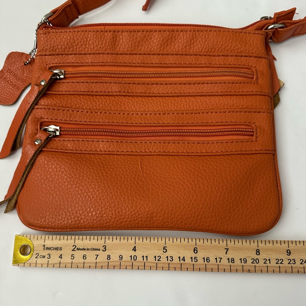 Genuine Leather Multi-Zip Organizer Burnt Orange Crossbody Bag - Picture 4 of 7